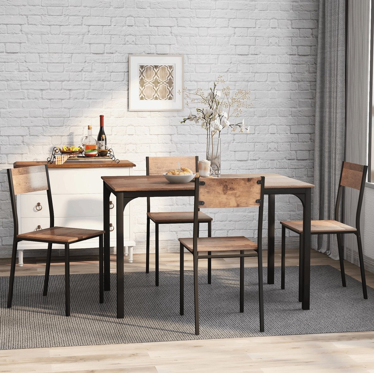 COVREO Eettafelset 108x65x75 cm bruin, met 4 stoelen en metalen frame