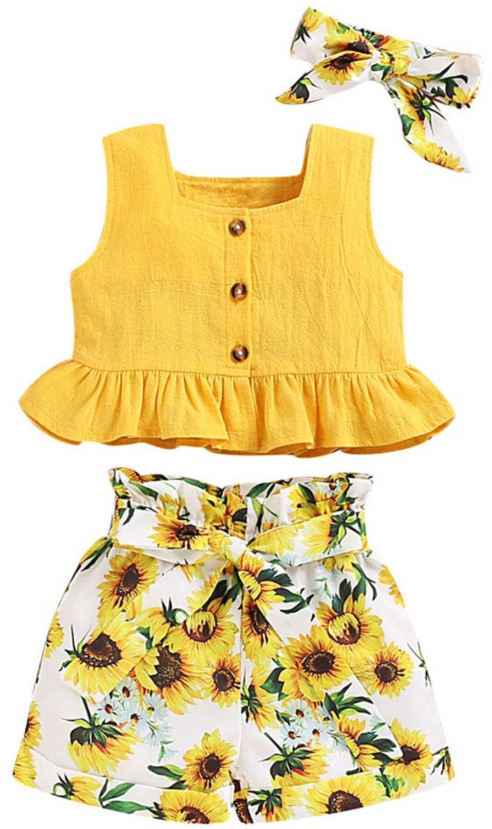 SnelShoppen - 3-Delige Kinderkledingset Voor Meisjes - Helder Geel Zonnebloem Baby-outfits - Hemdjes + Short Broek + Hoofdband - Maat 5-6 Jaren - Perf