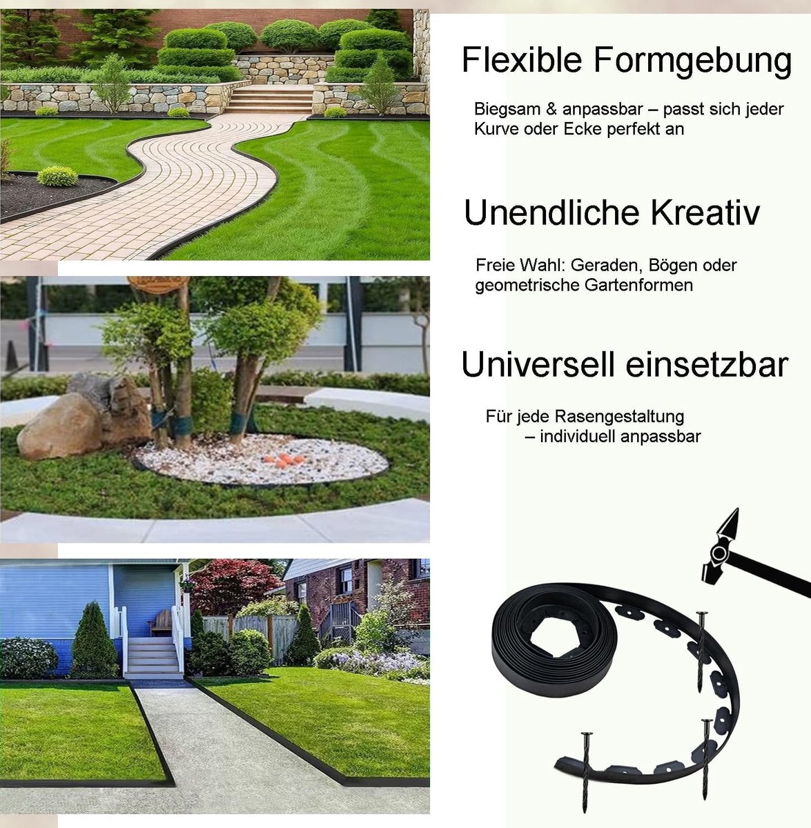 SnelShoppen - Flexibele gazonrand kunststof, onzichtbare gazonrandband 10 m lang x 5 cm hoog met 30 grondankers, groen voor tuin, terras en bedden