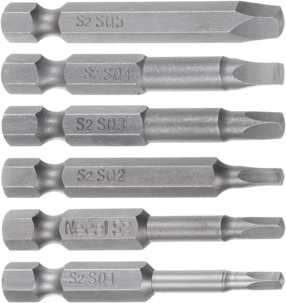 Set van 6 vierkante schroevendraaier bits 1/4" hex shank, magnetische S2 staal bits voor elektrische schroevendraaiers, geschikt voor SQ1 tot SQ5