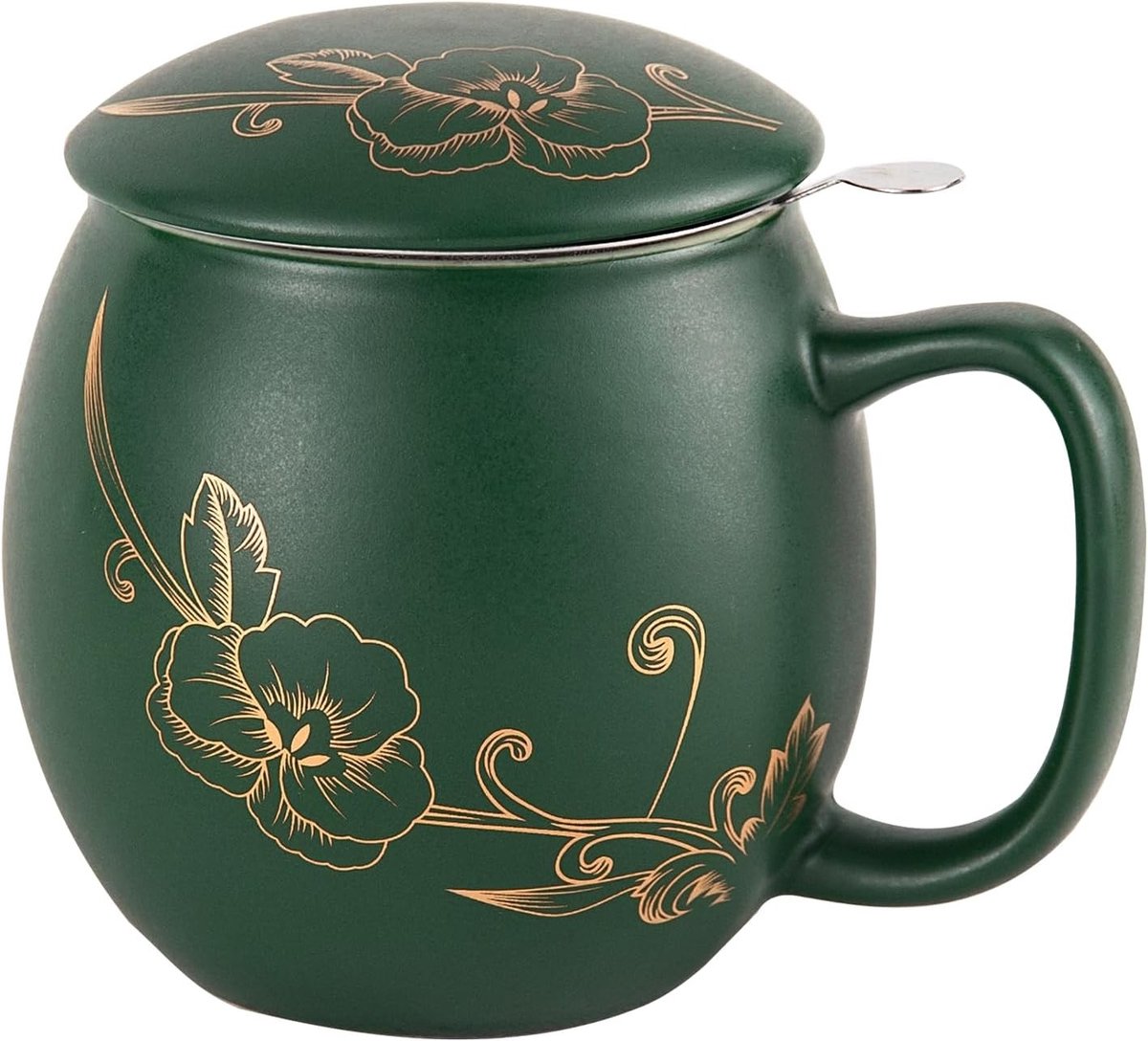 Ceramische Mok met Deksel en RVS Zeef, Matte Groene Design met Gouden Bloem, Ideaal voor Losse Thee en Cadeau voor Theeliefhebbers