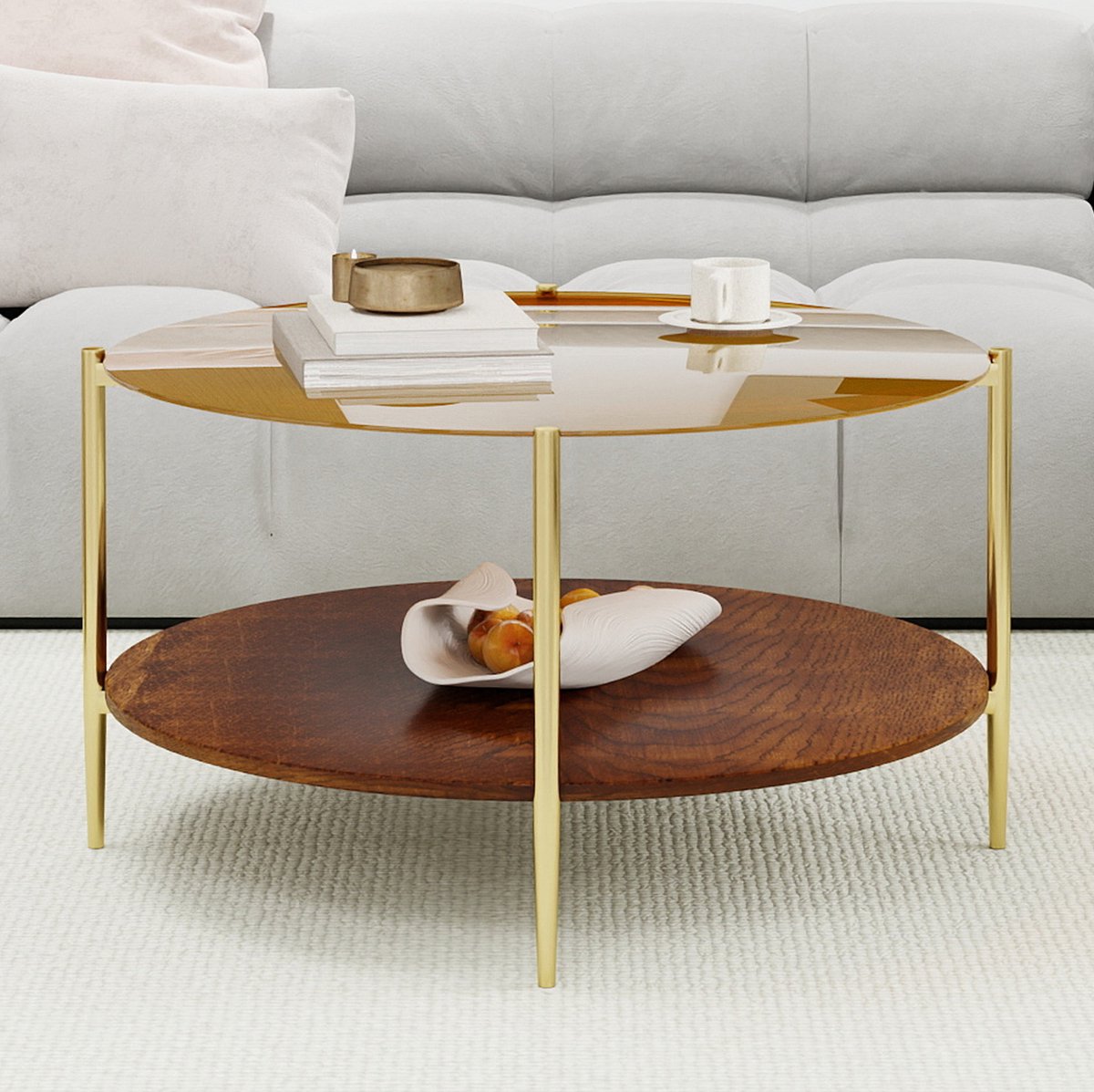 MODENUIT Salontafel - Rond Goud Glasblad Met Houten Onderblad - Modern Voor Woonkamer En Kantoor - 82 Cm