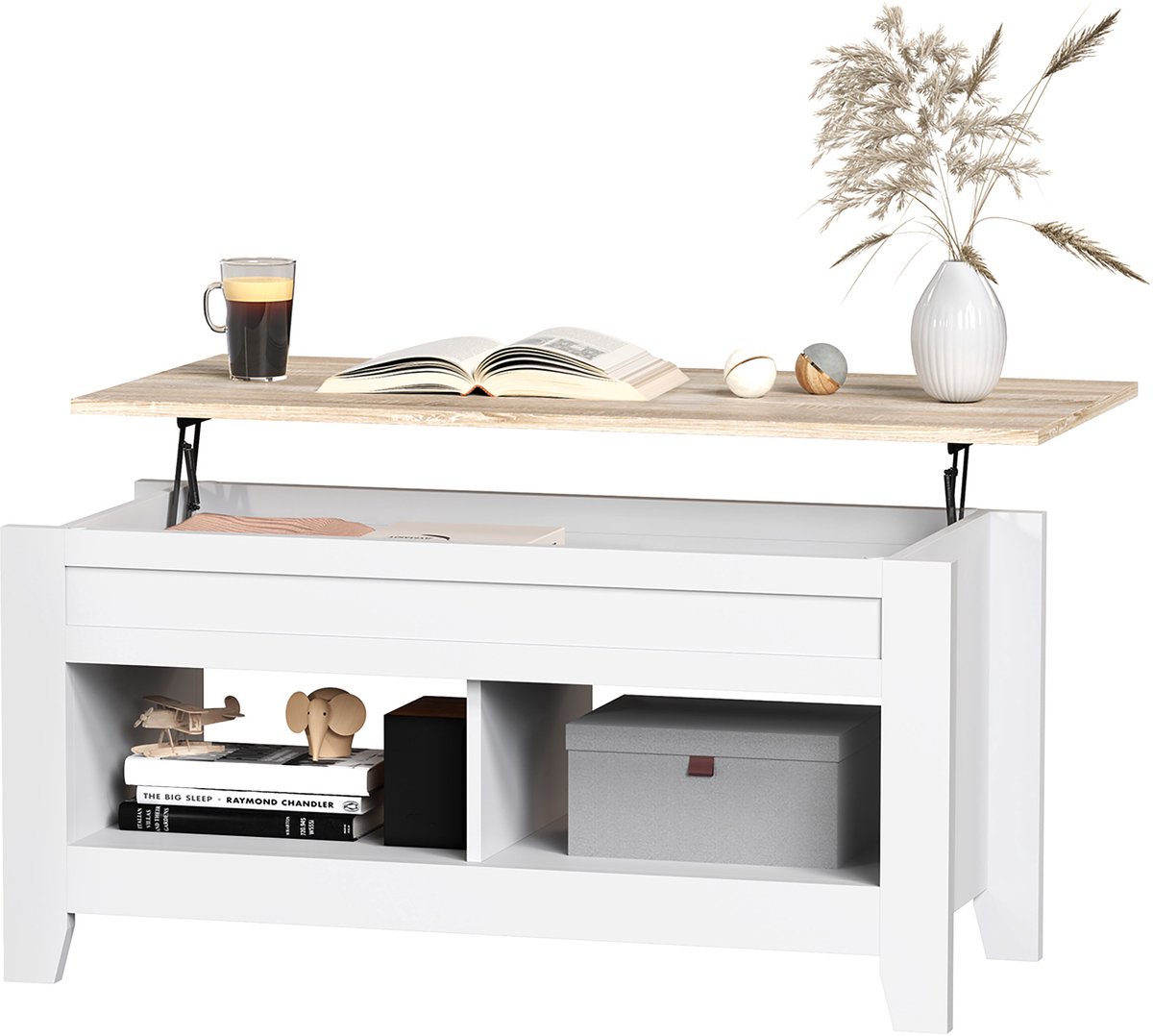 Salontafel met verstelbaar blad - salontafel met planken en verborgen opbergvak - 105 x 50 x 49-62,5 cm - wit