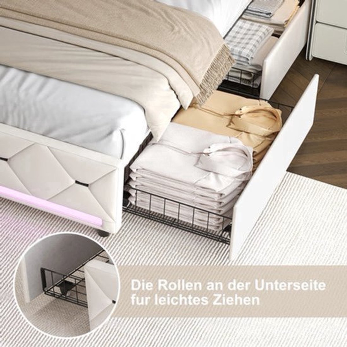 Bedbank – Slaapbank – Logeerbed – Sofa – 2-Persoonsbed – Met LED Hoofdbord – 4 Laden Opbergruimte – 140x200 cm – USB Oplaadfunctie