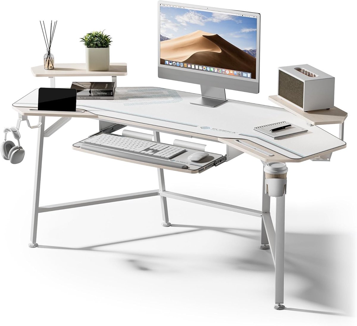 LAPAMAX bureau voor alle volwassenen - gamingtafel met RGB-ledverlichting voor pc - vleugelvormig werkblad met toetsenbordlade - 183 x 61 cm met dubbele monitorplanken, kabeldoorvoeren, bekerhouder, koptelefoonhaken en muismat in wit