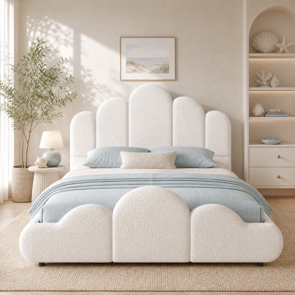 Kinderbed 140 x 200 cm Zonder Matras - Gestoffeerd Bed Met Geïntegreerde Lattenbodem En Gepolsterd Hoofdbord - Afgeronde Hoeken - Bouclé - Beige