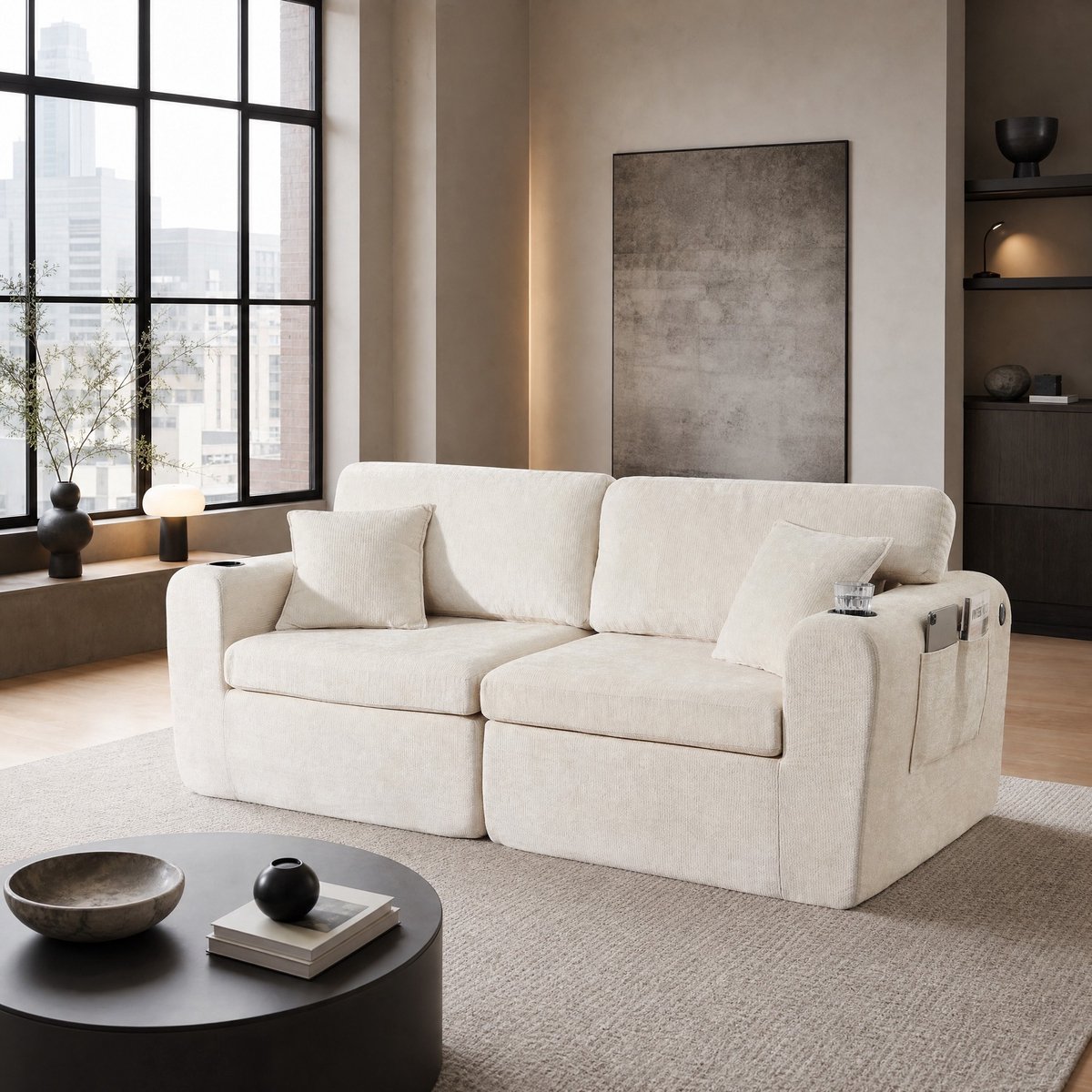 MODFU-Zitbank-2-Zits-Relaxsofa-Chenille-Beige-USB-Oplaadfunctie-Zijvak-Bekerhouder