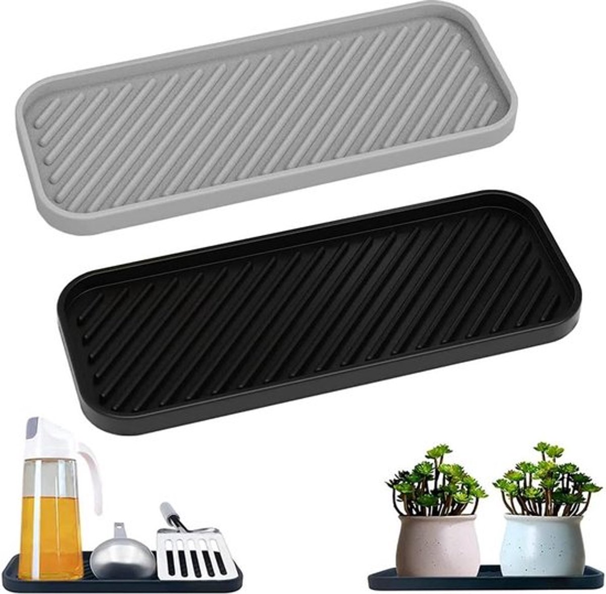 Spoelbak Organizer Siliconen Sponshouder Tablet Voor Sponzen-Borstels-Zeep-Afdruipmat - 2 Stuks in Zwart en Grijs