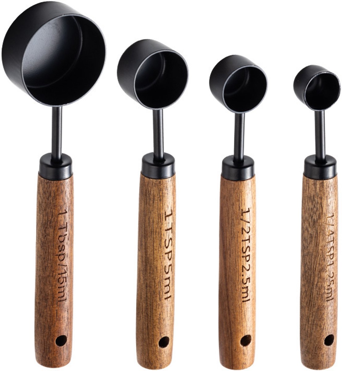Set van 4 koffiemaatlepels met houten handvat, zwarte metalen maatlepels 15ml, 5ml, 2,5ml, 1,25ml voor koffie, bakken en kruiden