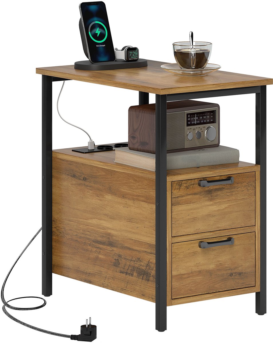 Bijzettafel – voorzien van 2 stopcontacten – USB-C-aansluiting – 2 lades en 1 legplank – 143 cm lang netsnoer – metalen frame – naturel houtkleur