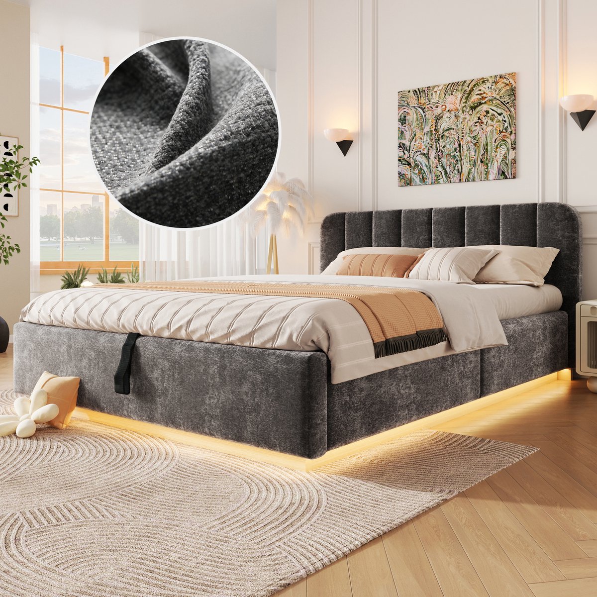 Gestoffeerd Bed 140x200 cm - Met LED-Verlichting - Met Opbergruimte - Met Glijbaan - Grijs