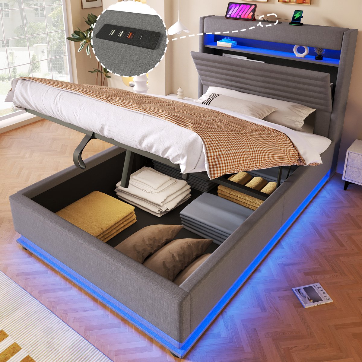 Gestoffeerd Bed 90x200 cm - Met LED-Verlichting - Met Opbergruimte - Met USB-Oplaadpunt - Grijs