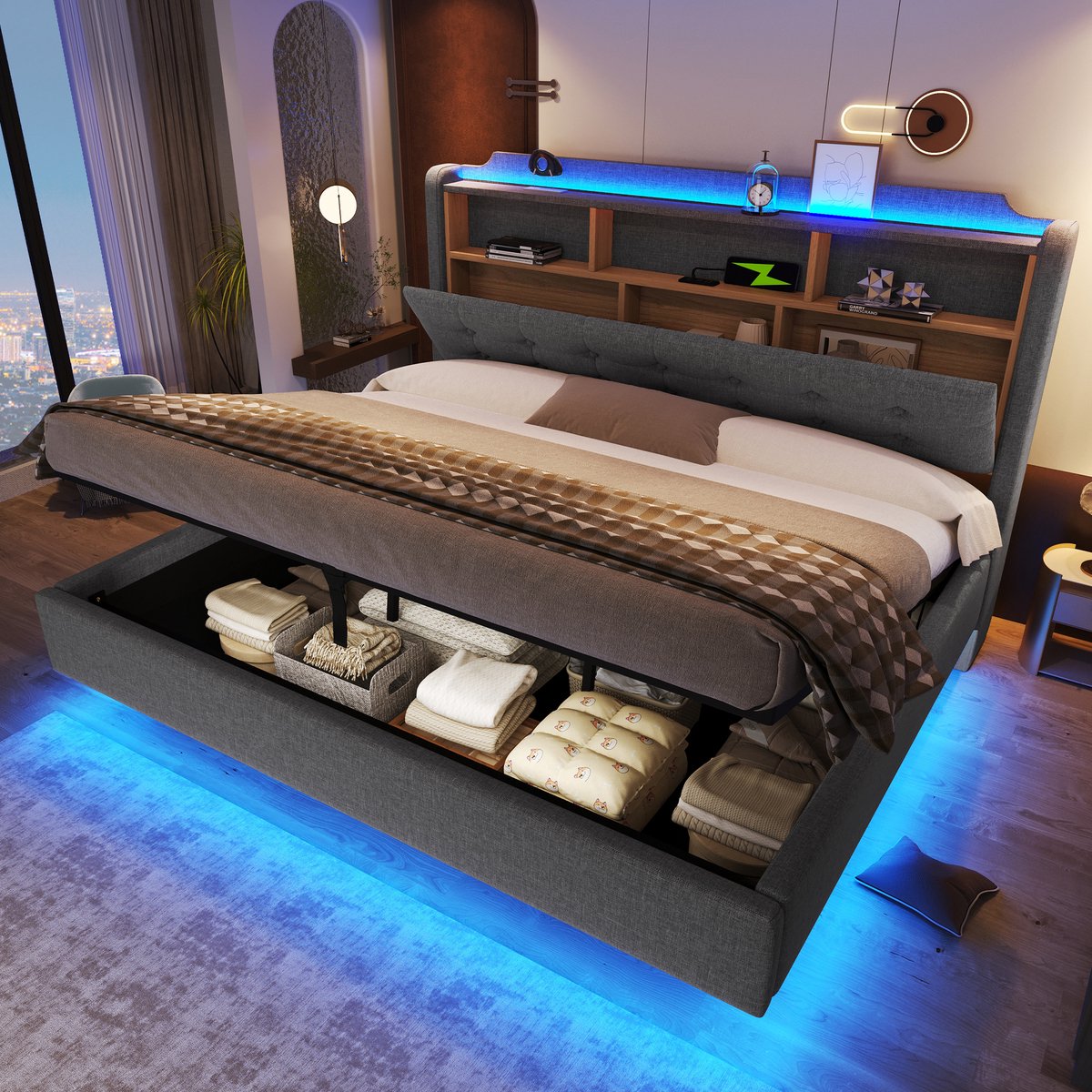 Gestoffeerd Bed 180x200 cm - Met LED-Verlichting - Met Opbergruimte - Met USB-Oplaadpunt - Grijs