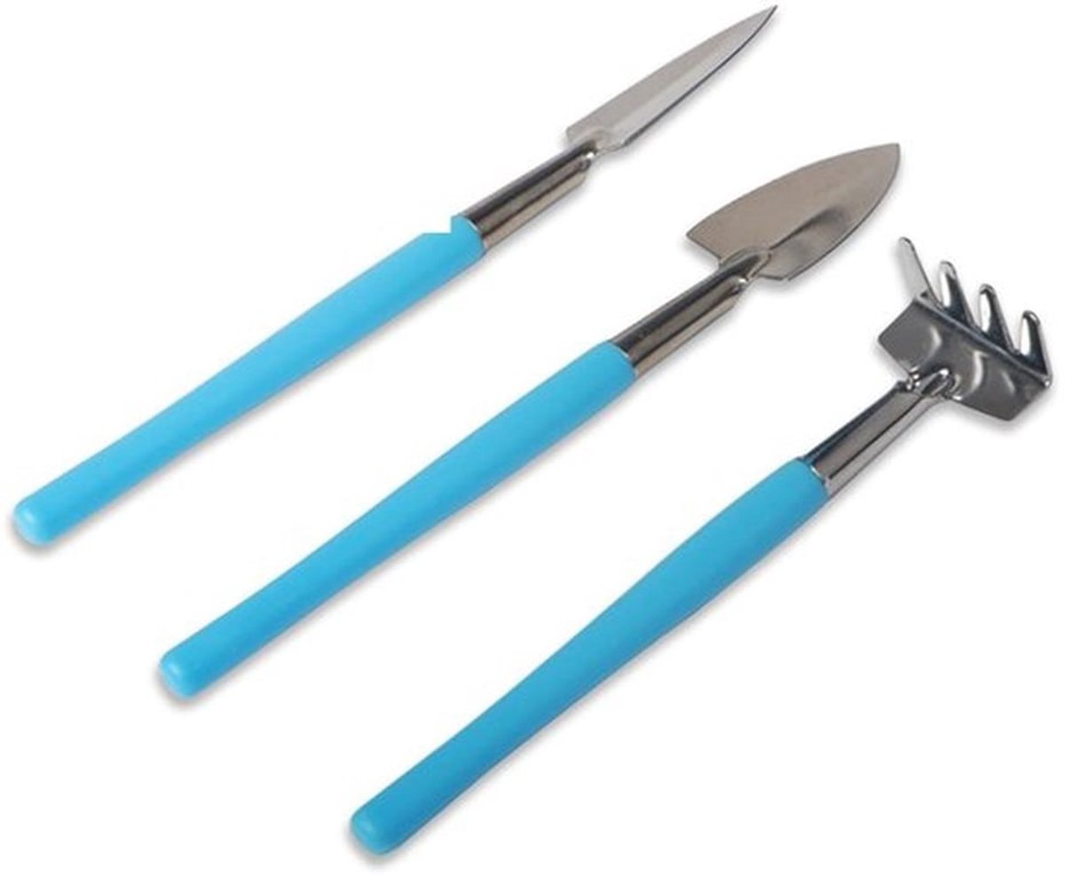 Tuingereedschapsset 3-delig - Roestvrij Staal - Schep/Hark/Spade - Tuingereedschap voor Vetplanten - Lichtgewicht - Blauw/Roze