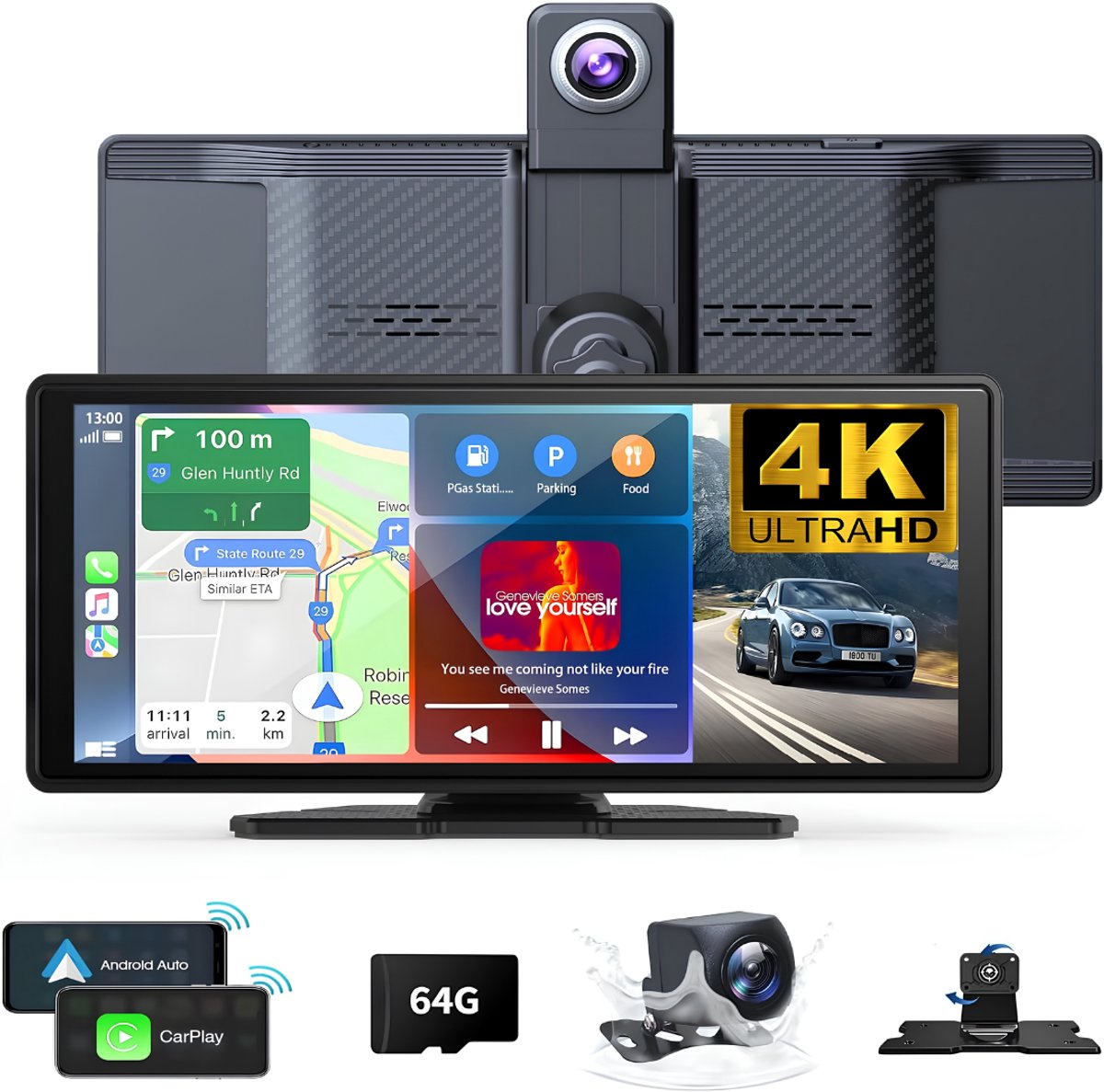 Lìon® Draadloze Dashcam -Dashcam met CarPlay - Draadloos CarPlay-Scherm - Zwart - 4cm x 18cm x 7cm