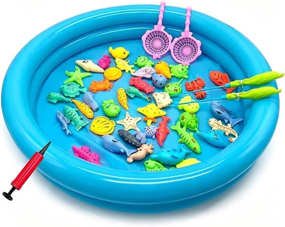 SnelShoppen - 50 Stuks Magnetische Vissen Speelgoed, Bad Speelgoed, Vissen Spel met 2 Hengels, 2 Netten, 44 Vissen en Opblaasbare Bad voor Kinderen, G