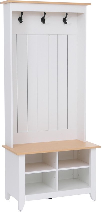 Witte staande garderobekast met naturel houten bovenblad, zitbankje en vier open vakken.