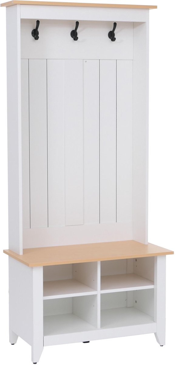 MCW Garderobekast MCW-P28, staande garderobekast met schoenenrek en zitbank, 3 haken, 4 opbergvakken, melamine, 170 x 76 x 39 cm ~ wit, naturel