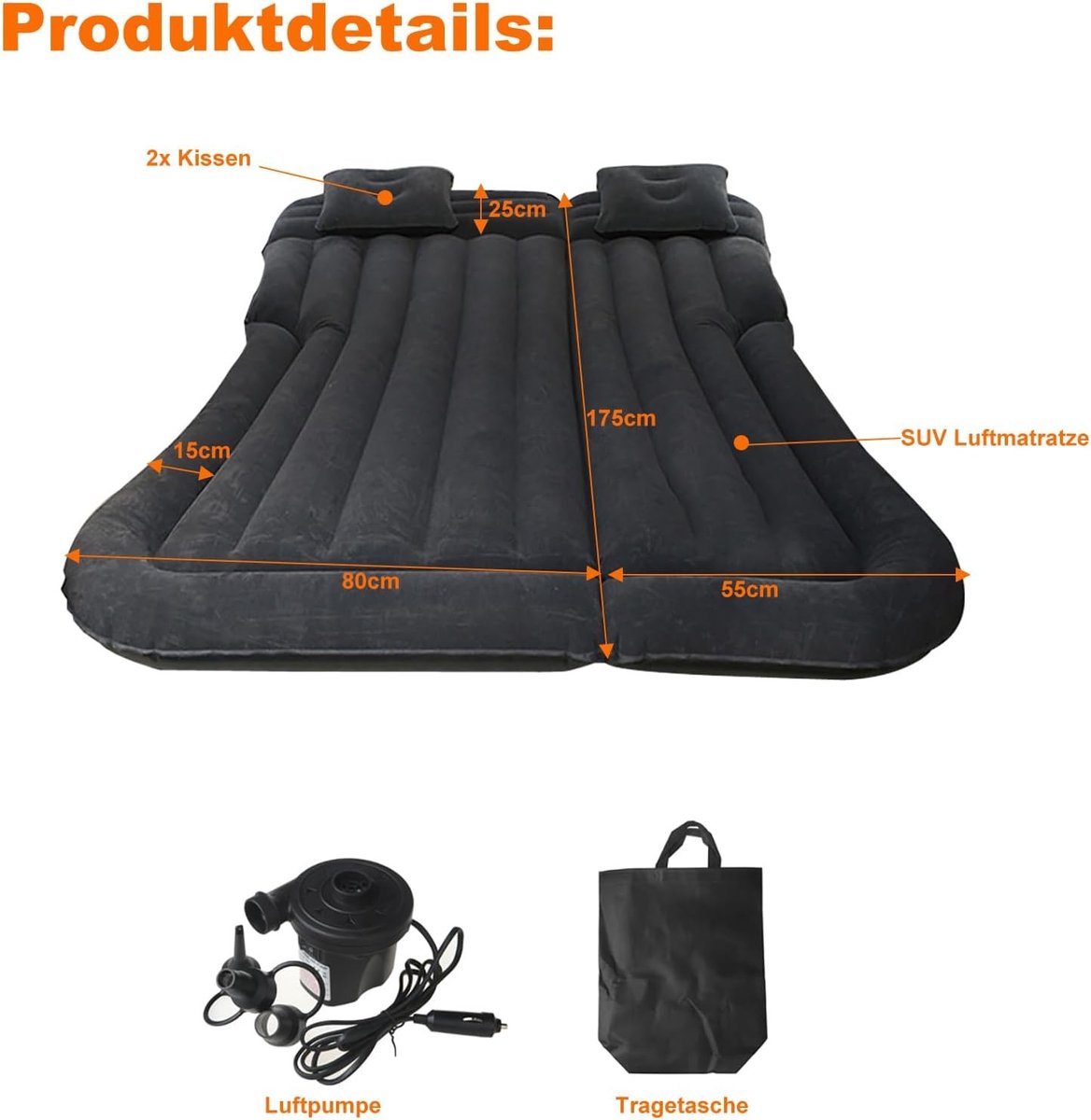 Opblaasbaar Luchtbed voor Auto - Zwart - Dubbele - Ergonomisch en Antislip - Voor Reizen en Camping