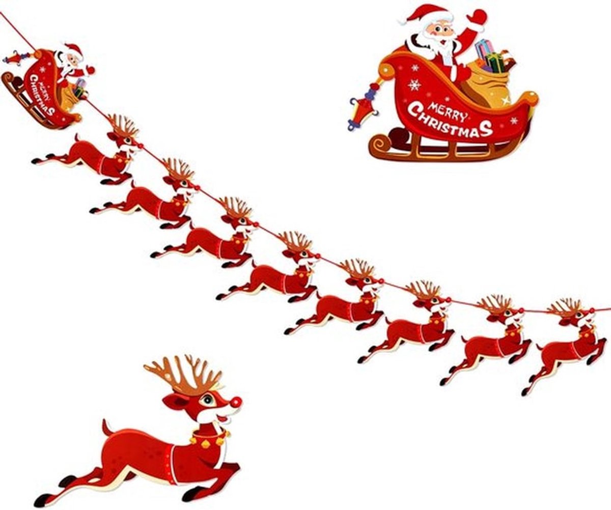 Kerstbanner Vrolijk Kerstfeest - Slinger met Rudolf en Kerstmanslee - 9 Stuks - Duurzaam Knutselpapier - 3 Meter Rood Lint - Herbruikbaar Decoratie - Kerstdecoratie