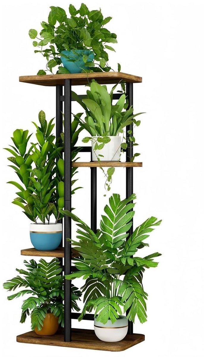Famanu – 4-laags plantenstandaard voor 5 ingemaakte kamerplanten, meerdere standaards voor tuin, hoek, balkon en woonkamer, zwart, een praktische oplossing voor het decoreren van uw ruimte
