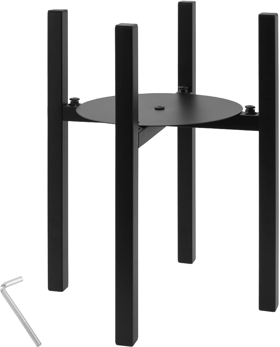 Famanu – Zwarte metalen plantenstandaard, 38 cm hoog, met dienblad, verstelbare breedte van 24-38 cm voor bloempotten, een praktische en stijlvolle toevoeging aan uw interieur