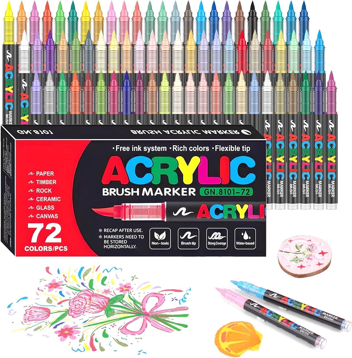 casalora—Permanente acrylverfmarkers – 72 kleuren – Flexibele punt van 1-5 mm – Waterdicht en sneldrogend – Rijke kleuren – Niet-giftig – Geschikt voor hout, papier, glas, keramiek, canvas en steen – Schilder- en doe-het-zelfset