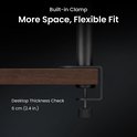 Zwarte bureaulamp met ingebouwde klem die aan een houten bureau is bevestigd. Maximale dikte 6 cm.