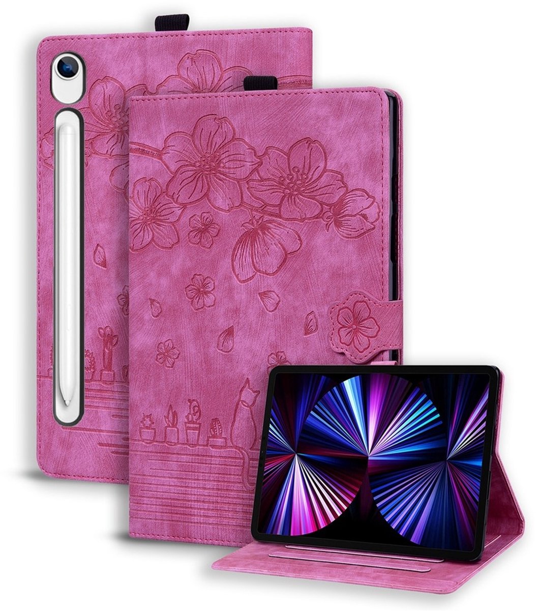 Coverup Tablethoes geschikt voor Samsung Galaxy Tab S10 Lite / S10 FE / S9 FE / S9 / S8 / S7 Hoesje - Flowers & Cat Book Case - Pink