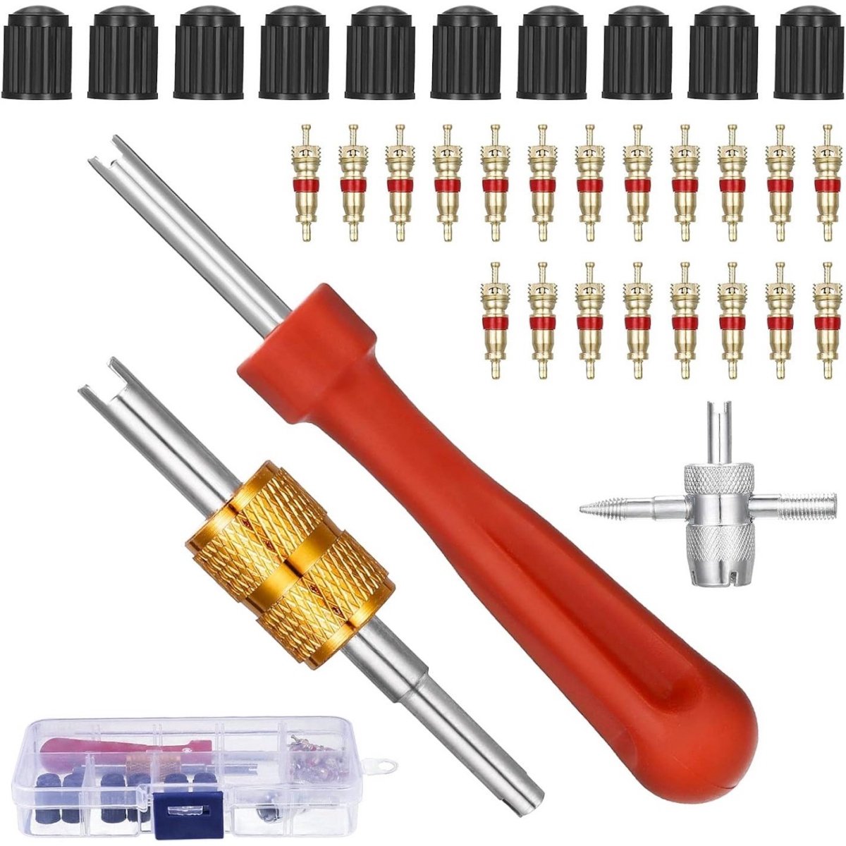 SSTRWGOOD Ventilatiegereedschap Set - Reifenventilentferner en Ventilkern Uitneemtool - Geschikt voor Bandenreparatie - Messing - Incl. 1x Enkelkop, 1x Dubbelkop, 1x 4-Weg Kernwiel, 10x Ventilkapjes, 20x Ventilkernen