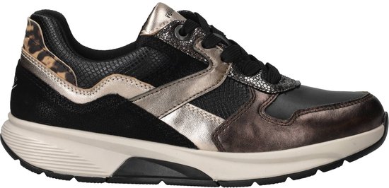 Zwarte sneaker met bruin-gouden accenten, luipaardprint en mesh.