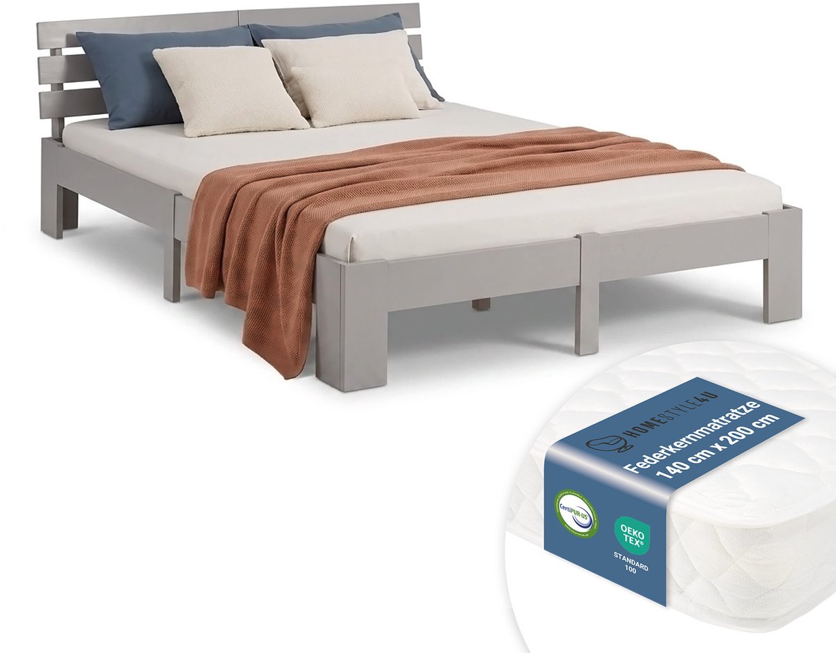 Homestyle4u Tweepersoonsbed - 140x200 cm - met Binnenveringmatras - Grijs