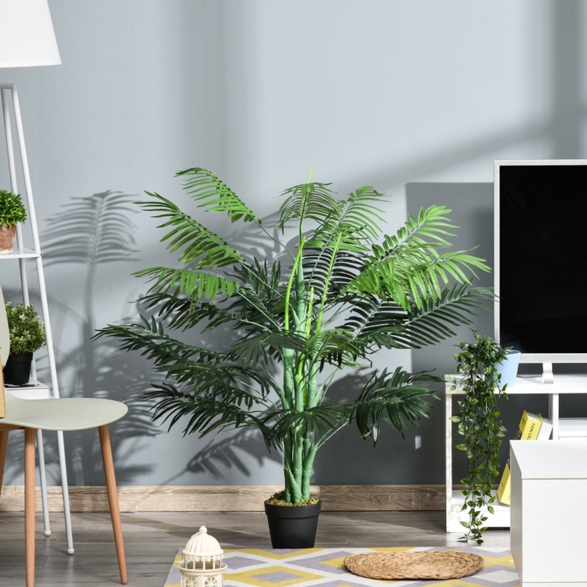 Kunstplant Realistisch 125 Cm - Kunststof - Groen - Voor Binnen En Buiten - Met 18 Palmbladeren En Zwarte Pot