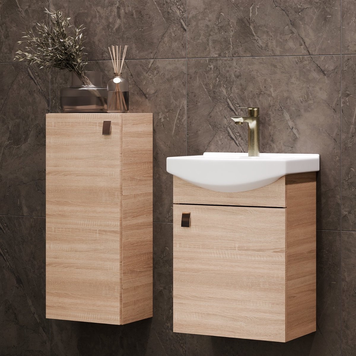 Planetmöbel Badkamermeubel Set 45 cm – Sonoma Eiken – Keramische Wastafel met Midikast 32 cm – Soft-Close – Ruimtebesparend
