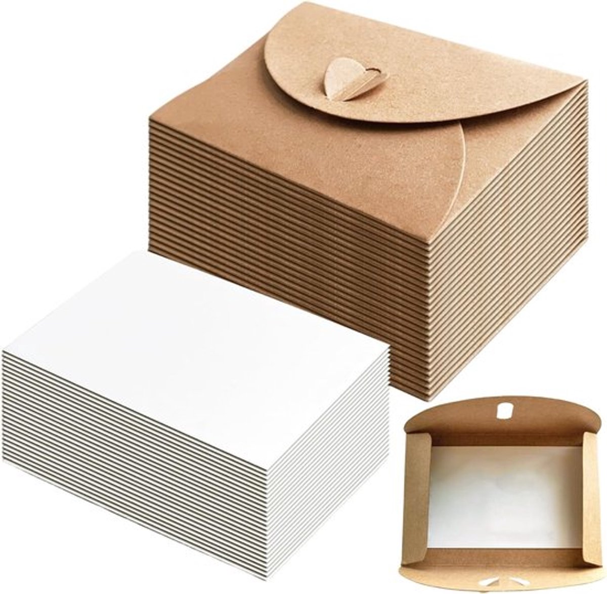 Mini Kraft Papier Enveloppen met Lege Kaarten - Kleine Bruine Enveloppen voor Cadeaubonnen, DIY Bedankkaarten en Kerstkaarten - 50 Stuks met Hartsluiting