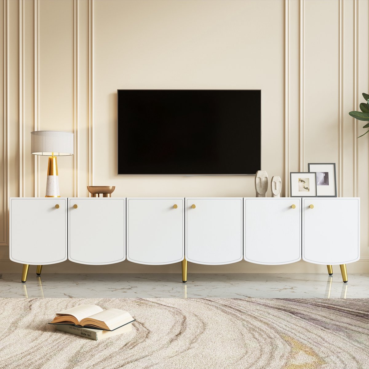 Sweiko TV-kast - Gouden poten en handgrepen - 6 deuren - 180 x 40 x 45 cm - Wit