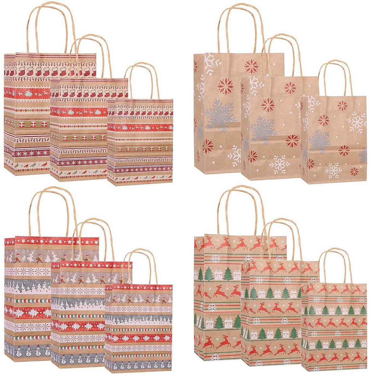 Solidchoice - Set van 12 Kerst Cadeauzakjes van Kraftpapier met Handgrepen
