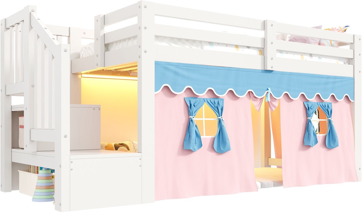 Merax Halfhoogslaper 90x200 cm - Kinderbed Met Verduisterende Gordijnen - Opbergtrap - LED Verlichting - Veiligheidshek - Houten Lattenbodem - Wit