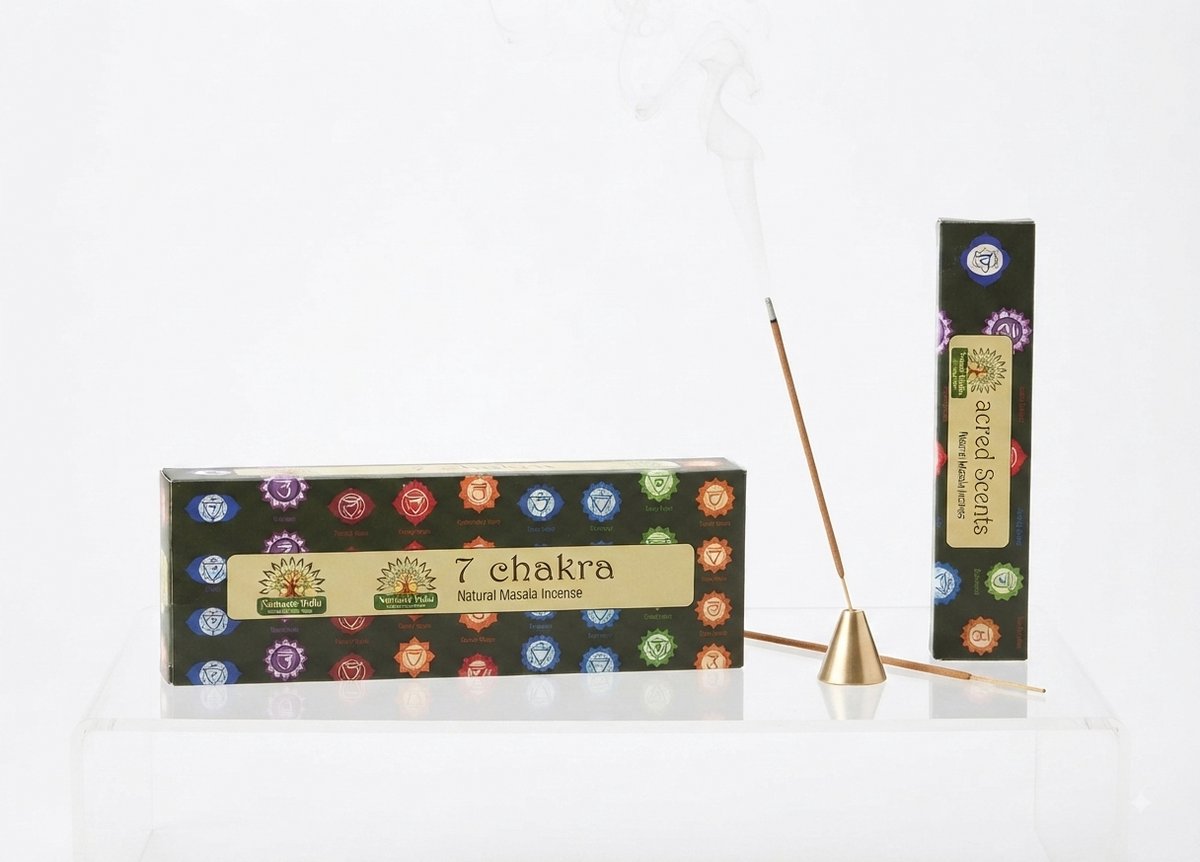 Namaste India Wierookstokjes – 7 Chakra's – Pak van 12 – Totaal 240 Stokjes – Handgemaakt in India – Ideale Geur voor Aromatische Ontspanning, Meditatie en Yoga Met Kajal Sticker