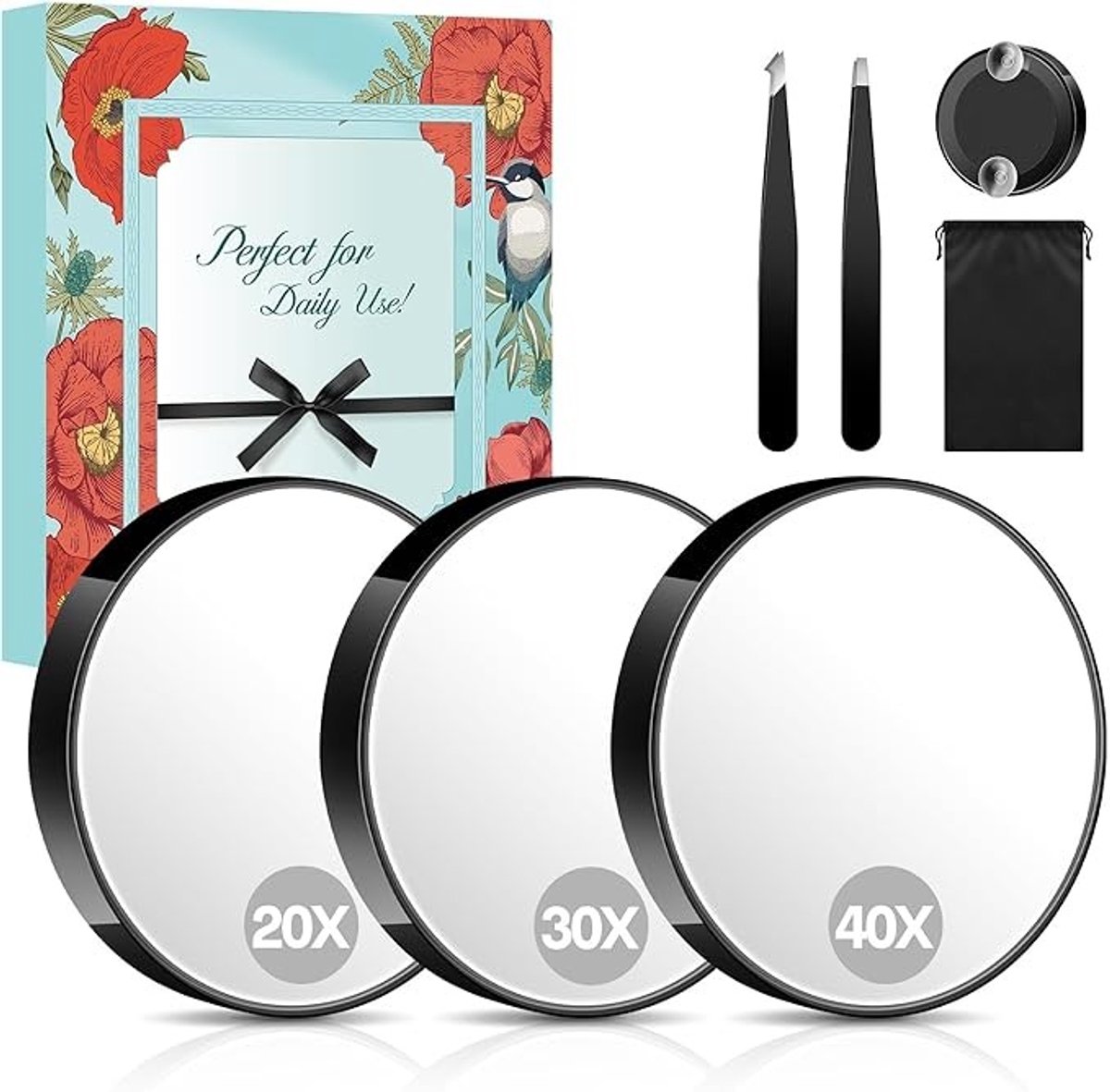 Vergrootspiegel set met zuignap - 9 cm - 20x/30x/40x - met pincetten en opbergtas