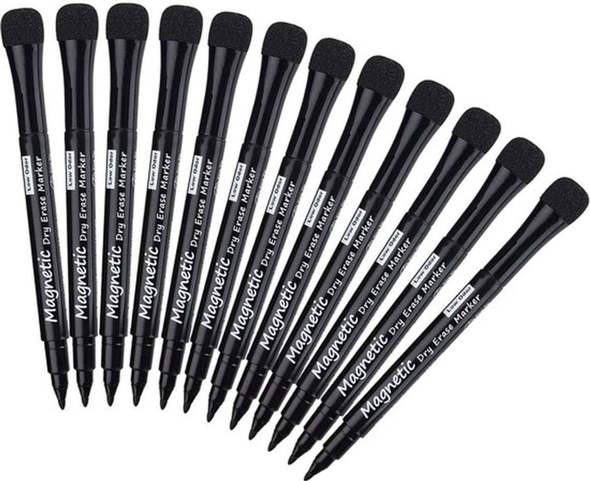 Whiteboard Marker Set van 12 Stuks - Magnetische Stift met Wisser - Droogt Snel - Uitwisbaar - Ronde Punt 1-2 mm - Voor School/Kantoor - Stiften