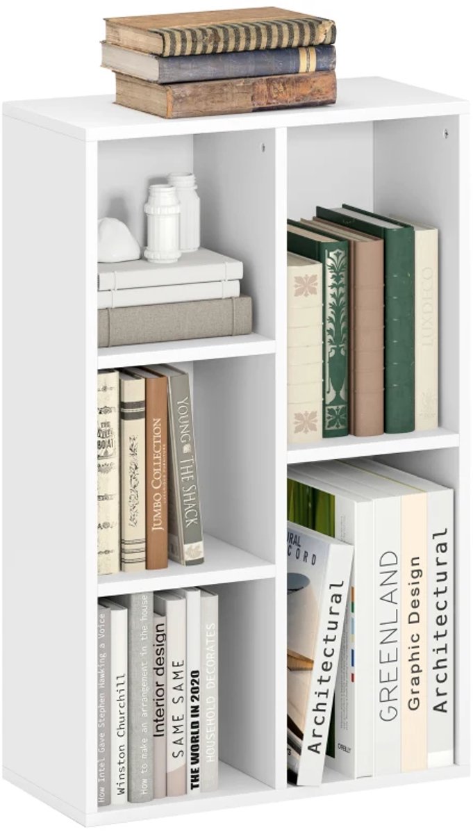 Opbergkasten - Boekenkast van Spaanplaat met 2 Niveaus en 5 Compartimenten - Wit
