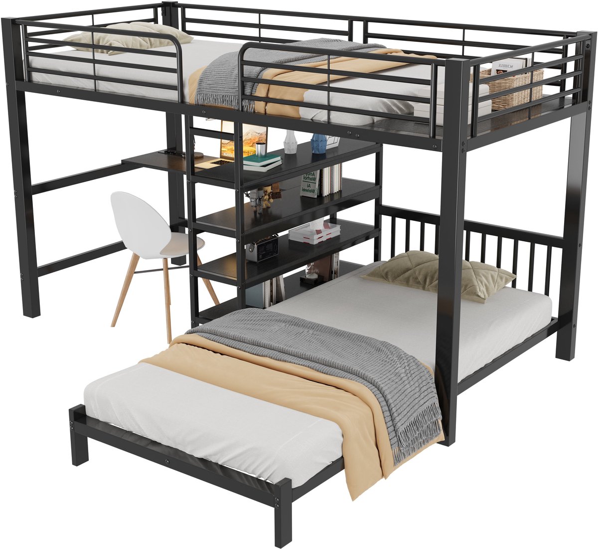 Merax Metalen Stapelbed 90 x 200 cm - 2 Slaapplaatsen - Bureau - Opbergtrap - Opbergvakken - Stopcontact - USB en USB-C - Zwart