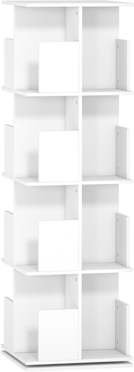 Opbergkasten - Draaibare Boekenkast met 4 Niveaus en 16 Vakken - Gemakkelijke Toegang voor Slaapkamer, Woonkamer en Studeerkamer - Spaanplaat - Wit