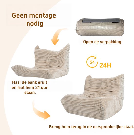 Illustratie toont hoe de beige zitzak uit de verpakking wordt gehaald en 24 uur moet staan.