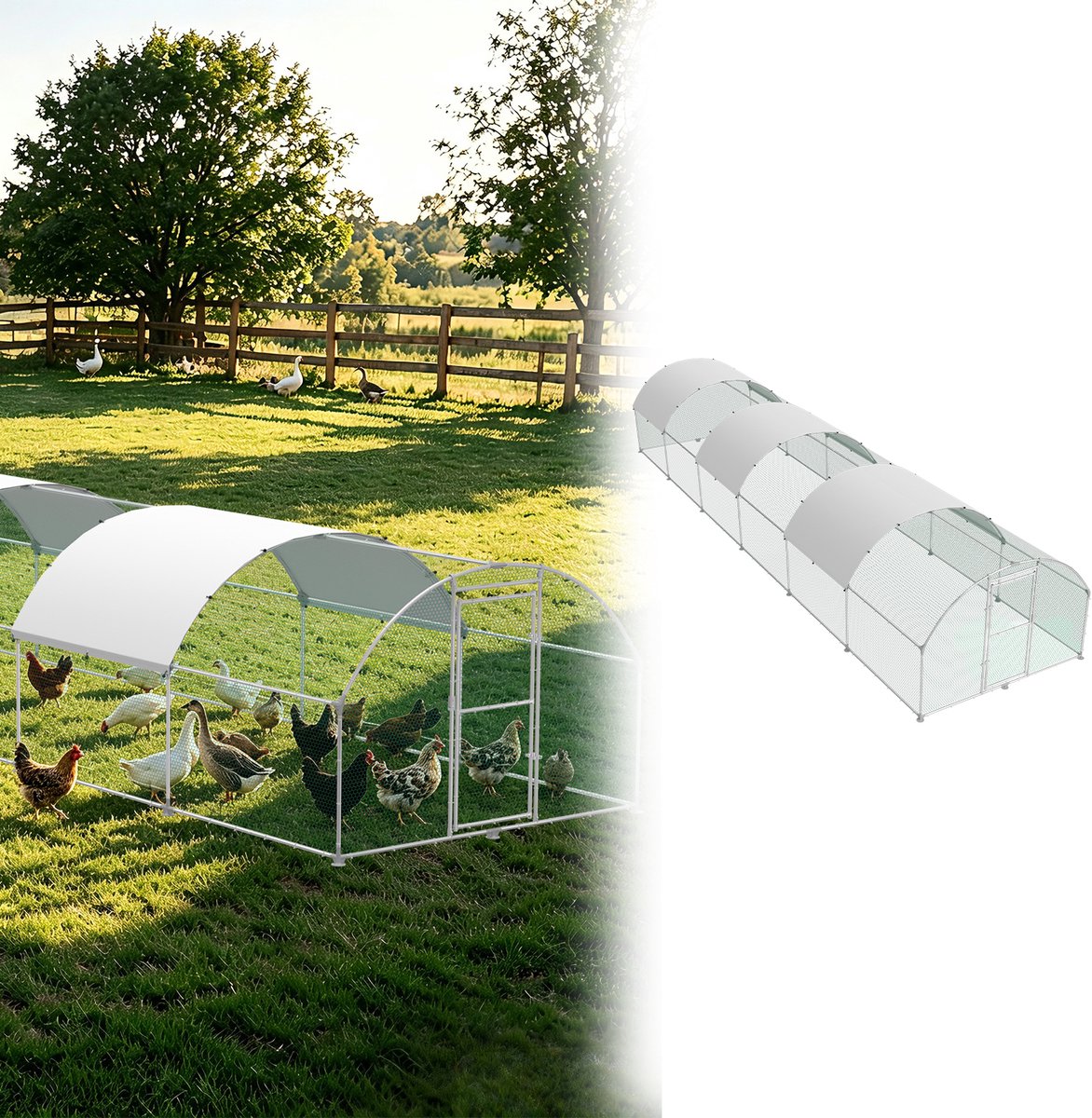 Aufun Kippenren Met Boogdak - 3x12x2 m - Frame Van Gegalvaniseerd Staal - Kippenkooi/Volière Met Zeildak - Winterbestendig - Zonnedak Voor Kippen En Vogels