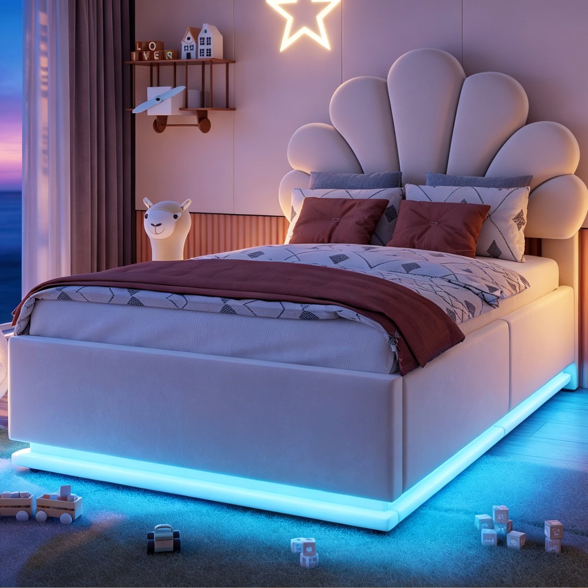 Kinderbed, Gestoffeerd Bed 90*200 cm, Bloemvormig Hoofdeinde, Hydraulische Opbergruimte, Ledverlichting En Metalen Frame, Beige Fluwelen Stof-Beige