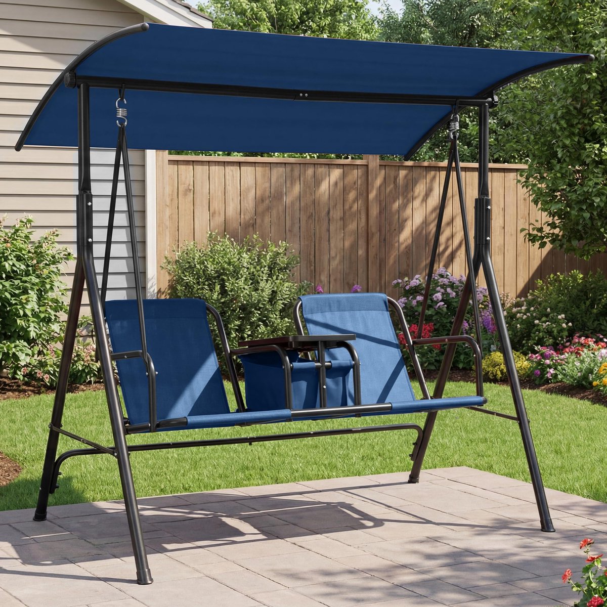 Schommelbank 2 Personen met Verstelbaar Zonnescherm - 173x108x163cm - Tuin Schommelbank - Hangbank Buiten - Bekerhouders - Stalen Frame - Voor Tuin Balkon Zwembad - Blauw