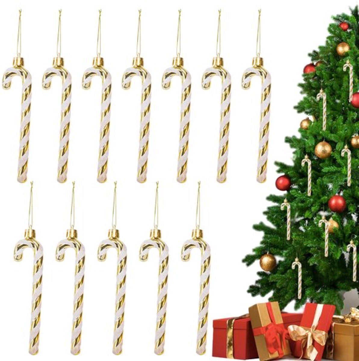 Suikerstokjes - Kerstboomversiering - Glinsterend - Goud - Decoraties - 12 Stuks - Geschikt voor Kerstmis - Klassiek