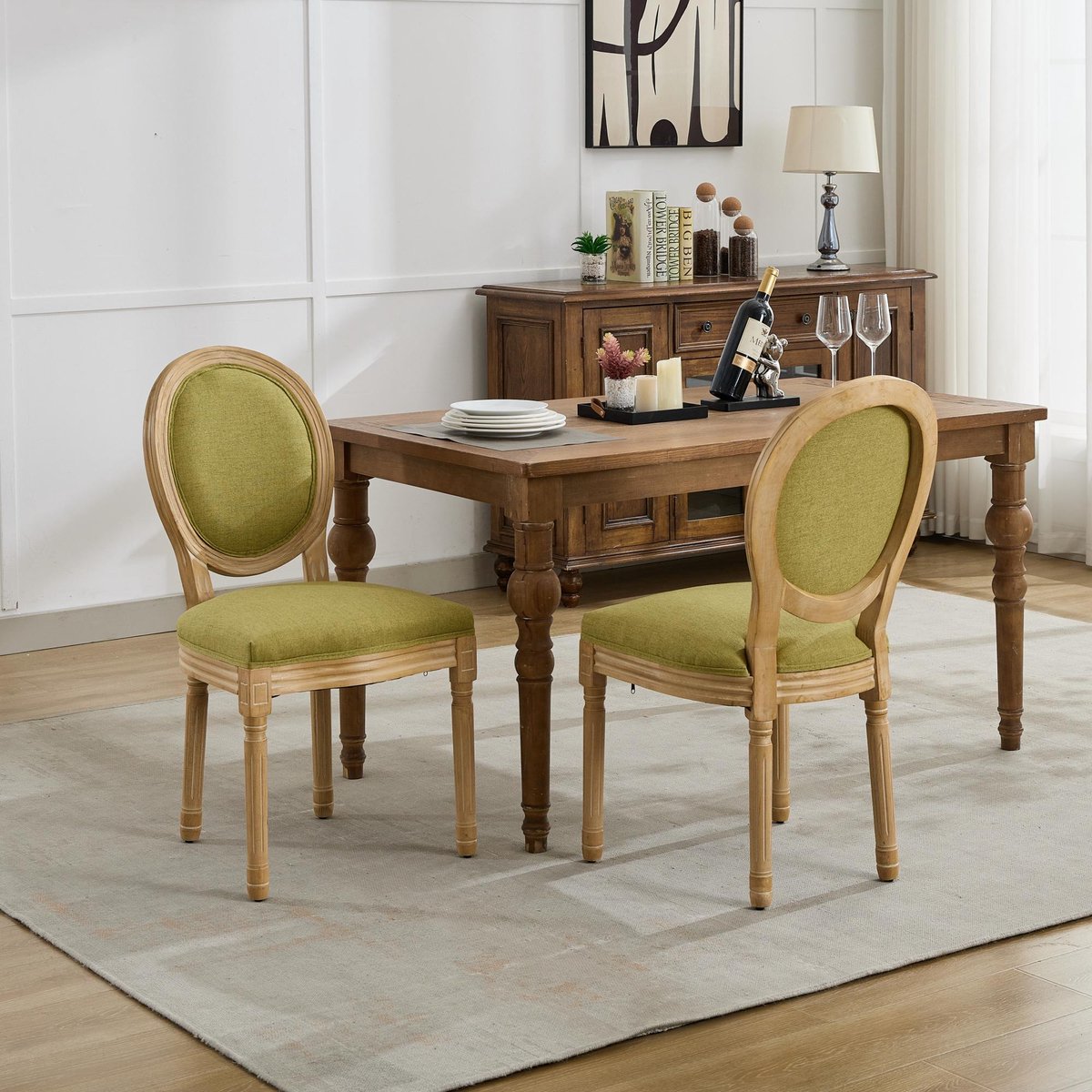 Clruro Eetkamerstoelen - 2 Stuks - Franse Rotan Rug met Antieke Look - Linnen en Hout - Olijfgroen